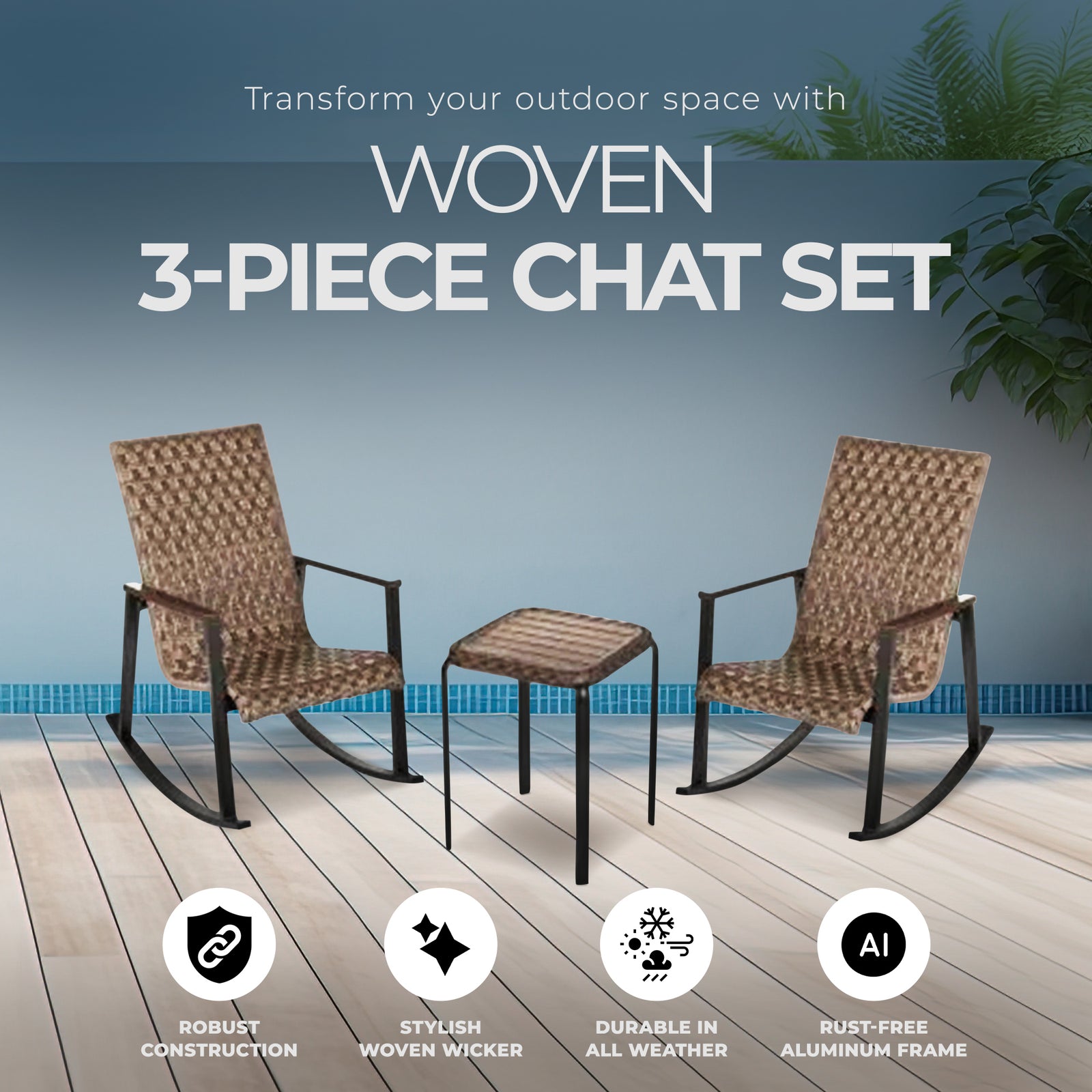Four Seasons Courtyard Bayside 3 Piece All Weather Woven Wicker Chat Set, Brown - VMInnovations