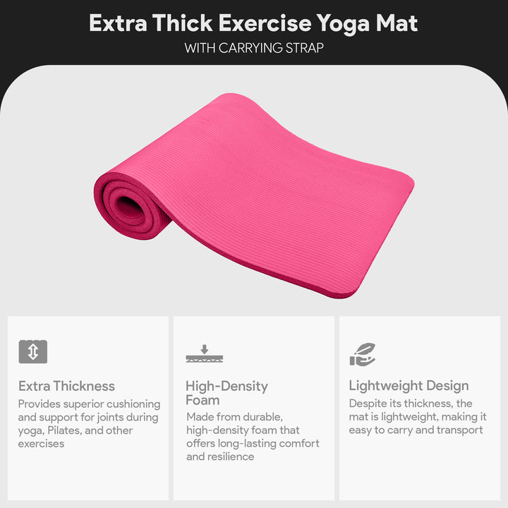 GoCloud 1" Extra Thick Exercise Yoga Mat with Carrying Strap, Pink (Open Box)
