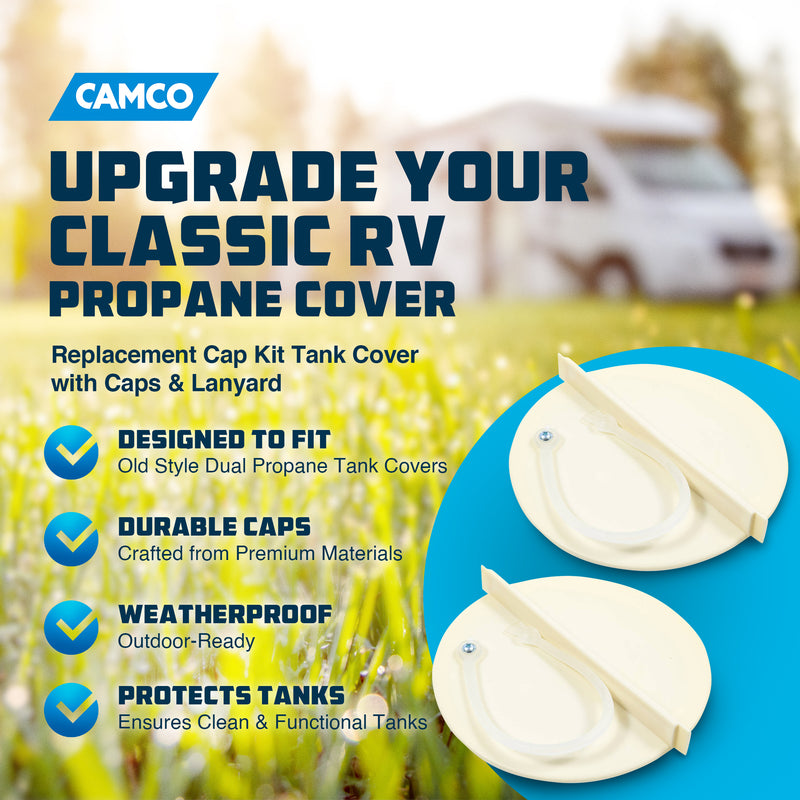 Camco Replacement Cap Kit Tank Cover with Caps and Lanyard for RV Propane, Beige