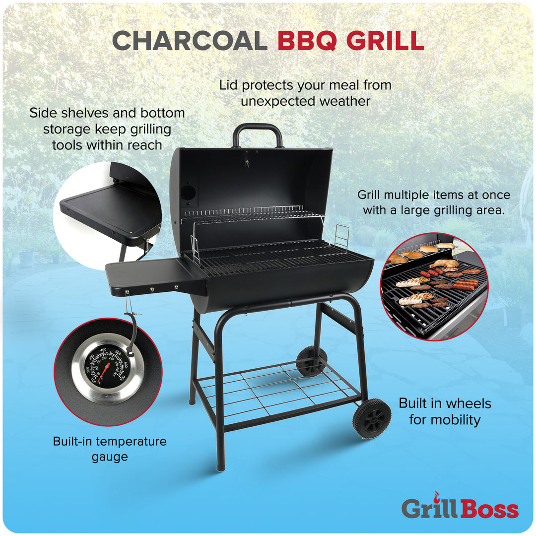 Grill Boss 30" Charcoal Barrel Grill, Adjustable Grate Large Cooking Area, Black