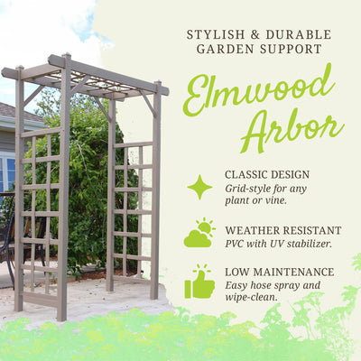 Dura-Trel Elmwood Arbor 57" x 84" PVC Outdoor Garden Arch Lattice Trellis, Mocha - VMInnovations