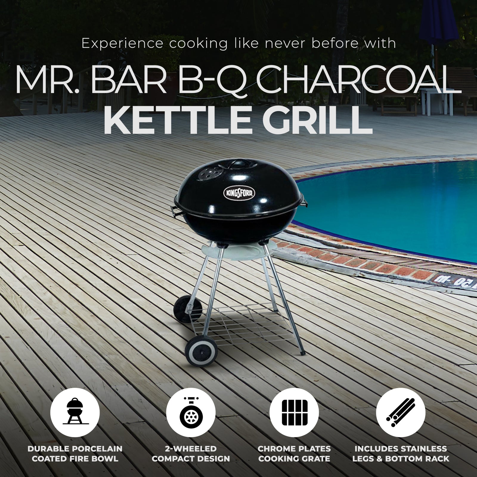 Mr Bar-B-Q Charcoal Kettle Grill 17 Inch Round Porcelain Coated Fire Bowl, Black - VMInnovations