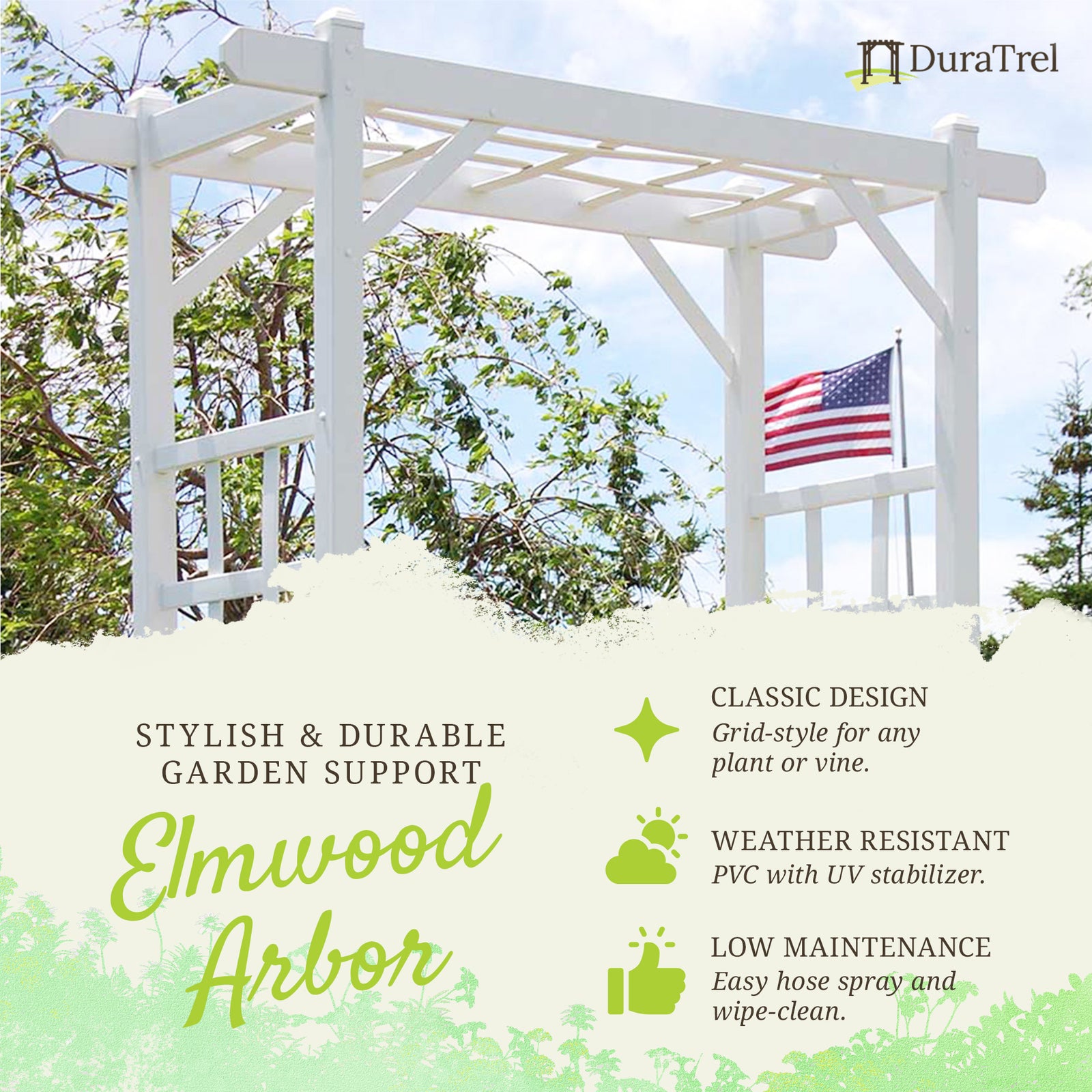 Dura-Trel Elmwood Arbor 57" x 85" PVC Garden Arch Lattice Trellis (Open Box) - VMInnovations
