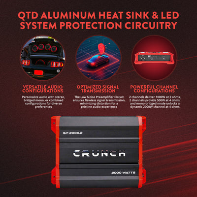 Crunch 2,000 Watt Adjustable 12dB Ground Pounder Car Amplifier, GP-2000.2, Black - VMInnovations
