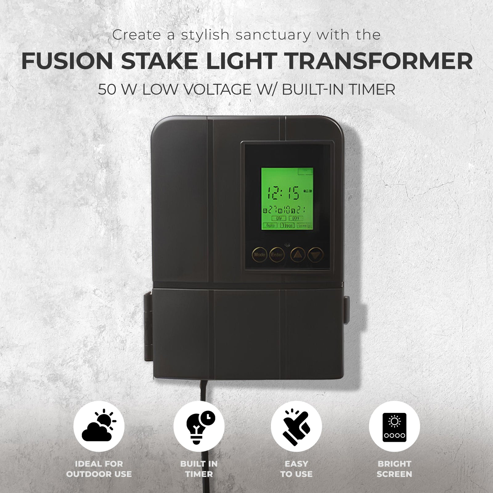 Fusion Low Voltage Outdoor LED Lighting Transformer with Timer, 50 Watt, Black - VMInnovations