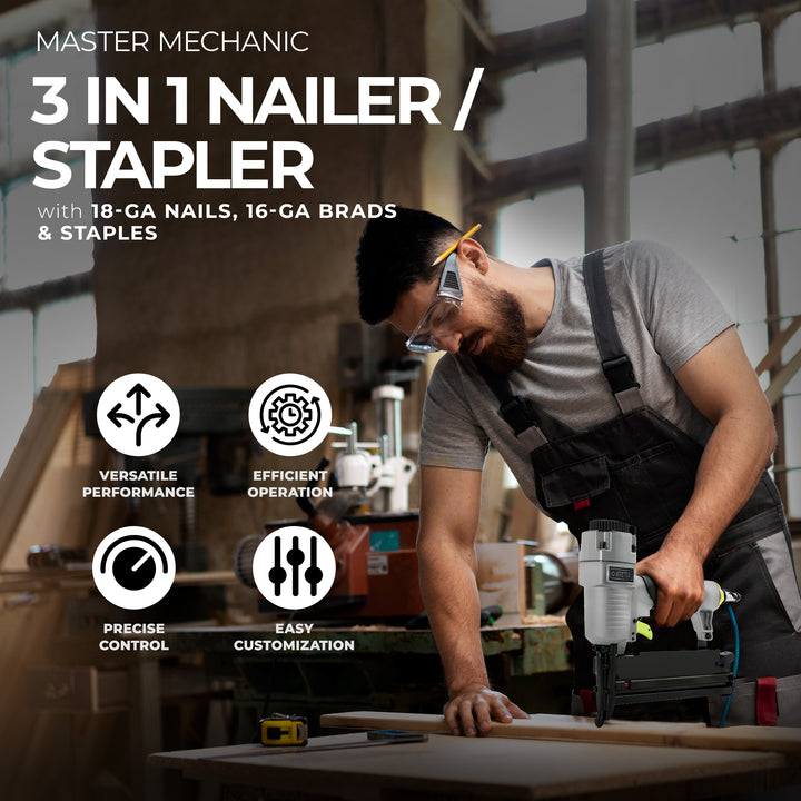 Master Mechanic 3 In 1 Nailer/Stapler with 18-GA Nails, 16-GA Brads & Staples