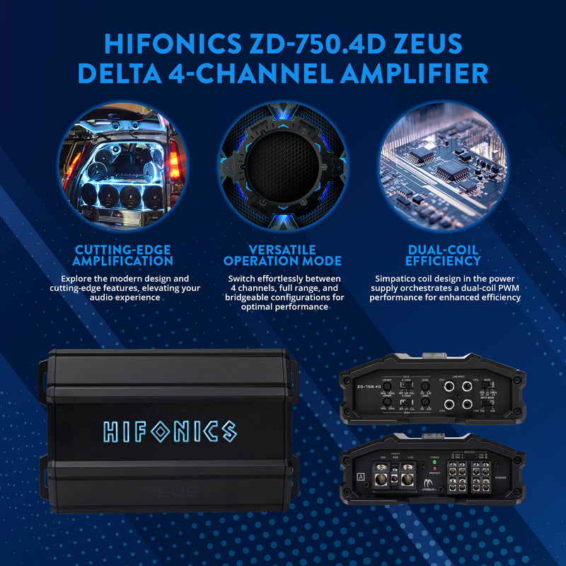 Hifonics Zeus Delta 750 Watt 4 Channel Mobile Car Amplifier, ZD-750.4D, Black