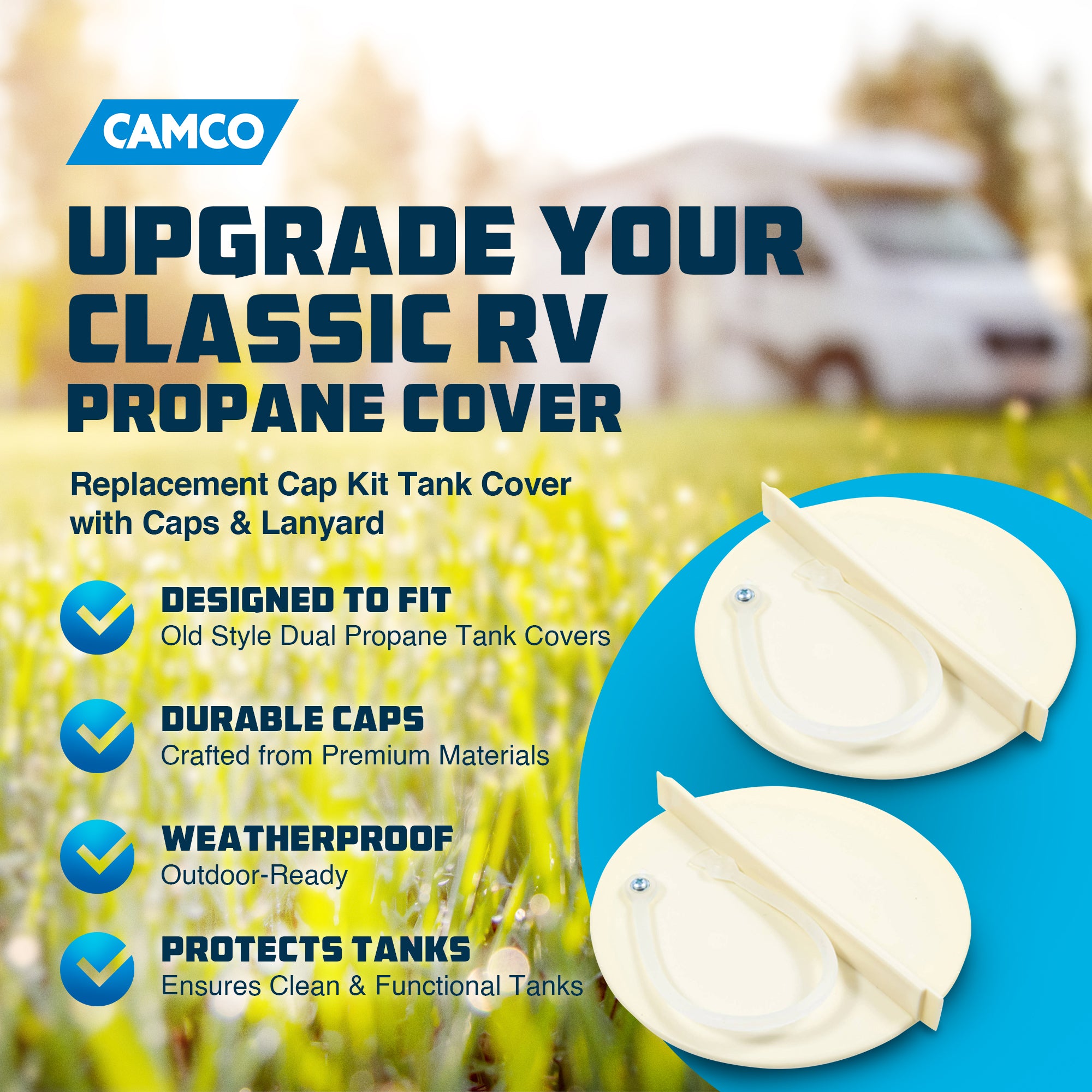 Camco Replacement Cap Kit Tank Cover with Caps and Lanyard for RV Propane, Beige - VMInnovations