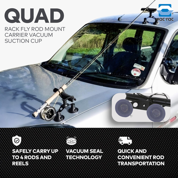 Vac Rac Quad Rack Fly Rod Mount Carrier Vacuum Suction Cup, Holds 4 Rods, Black - VMInnovations