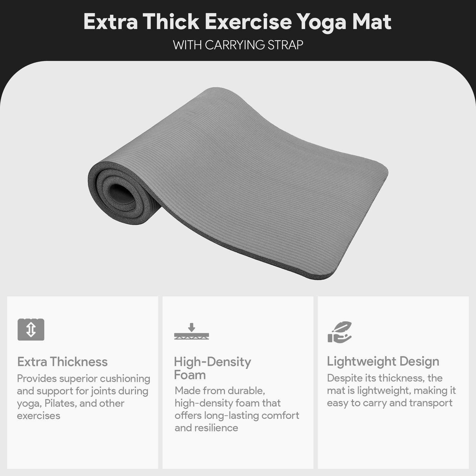 BalanceFrom GoCloud 1" Extra Thick Exercise Yoga Mat with Carrying Strap, Gray - VMInnovations
