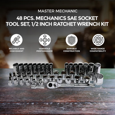 Master Mechanic 48 Piece SAE/Metric Socket Tool Set, 1/2 Inch Drive Ratchet Kit - VMInnovations