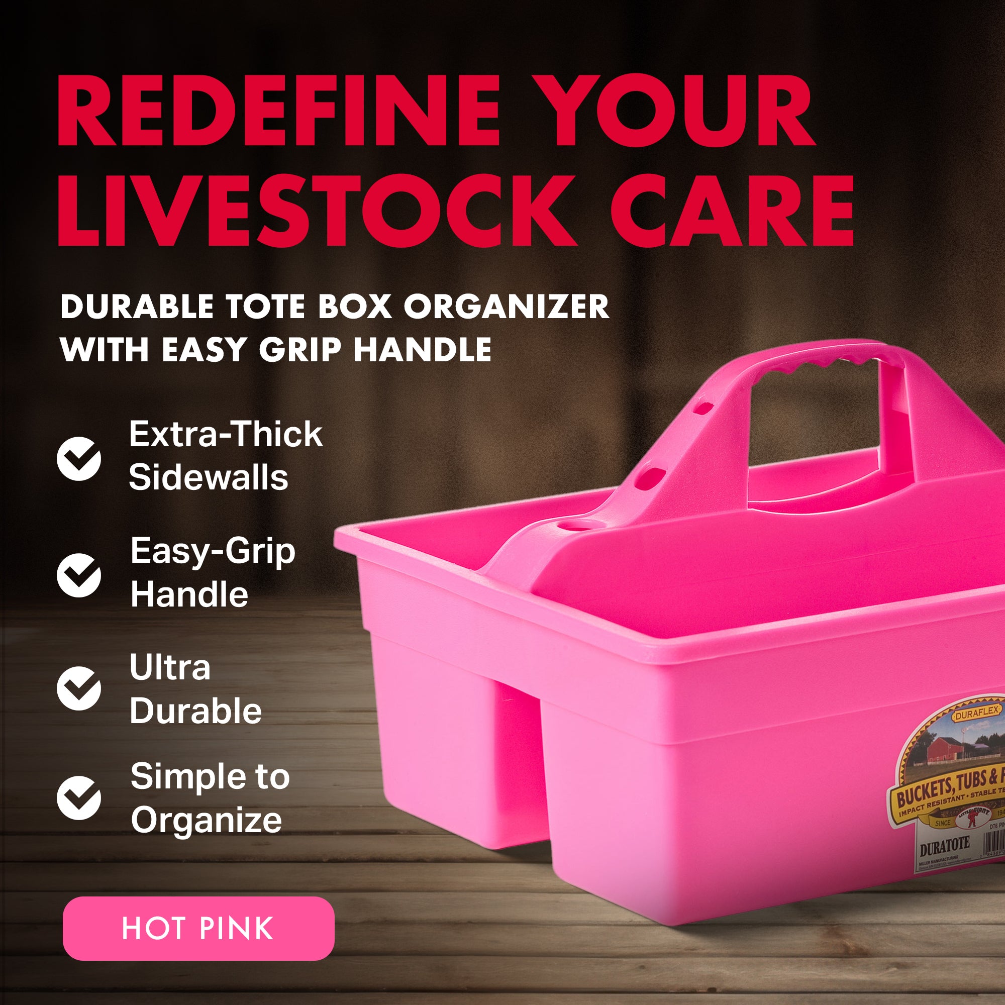 Little Giant DuraTote Plastic Box Organizer w/2 Compartments & Grip Handle, Pink - VMInnovations