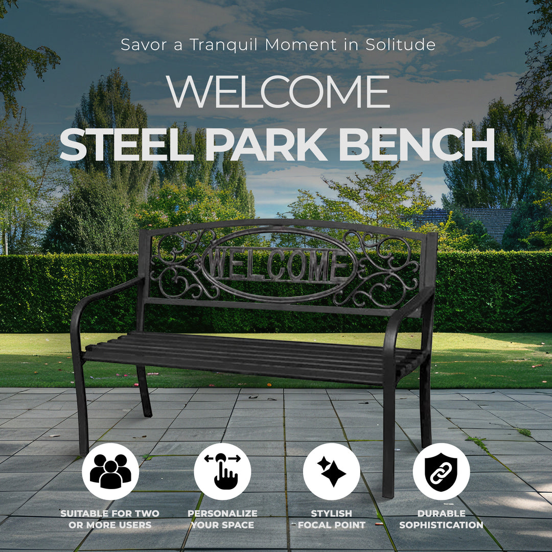 Four Seasons Courtyard Welcome Steel Park Bench with 500 Pound Capacity, Black - VMInnovations