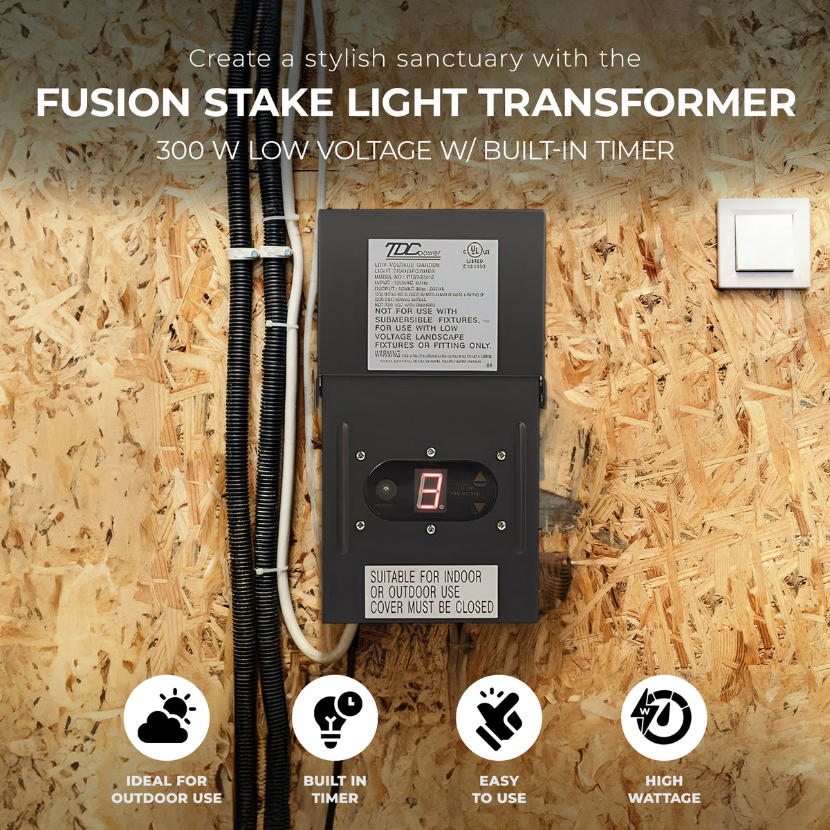 Fusion 300 Watts Low Voltage Stake Light Transformer with Built-In Timer, Black - VMInnovations