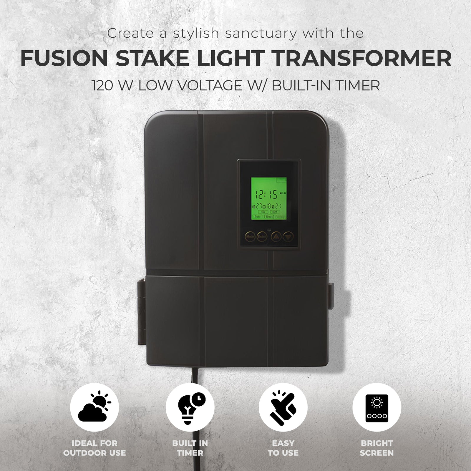 Fusion 120 Watts Low Voltage Stake Light Transformer with Built-In Timer, Black - VMInnovations