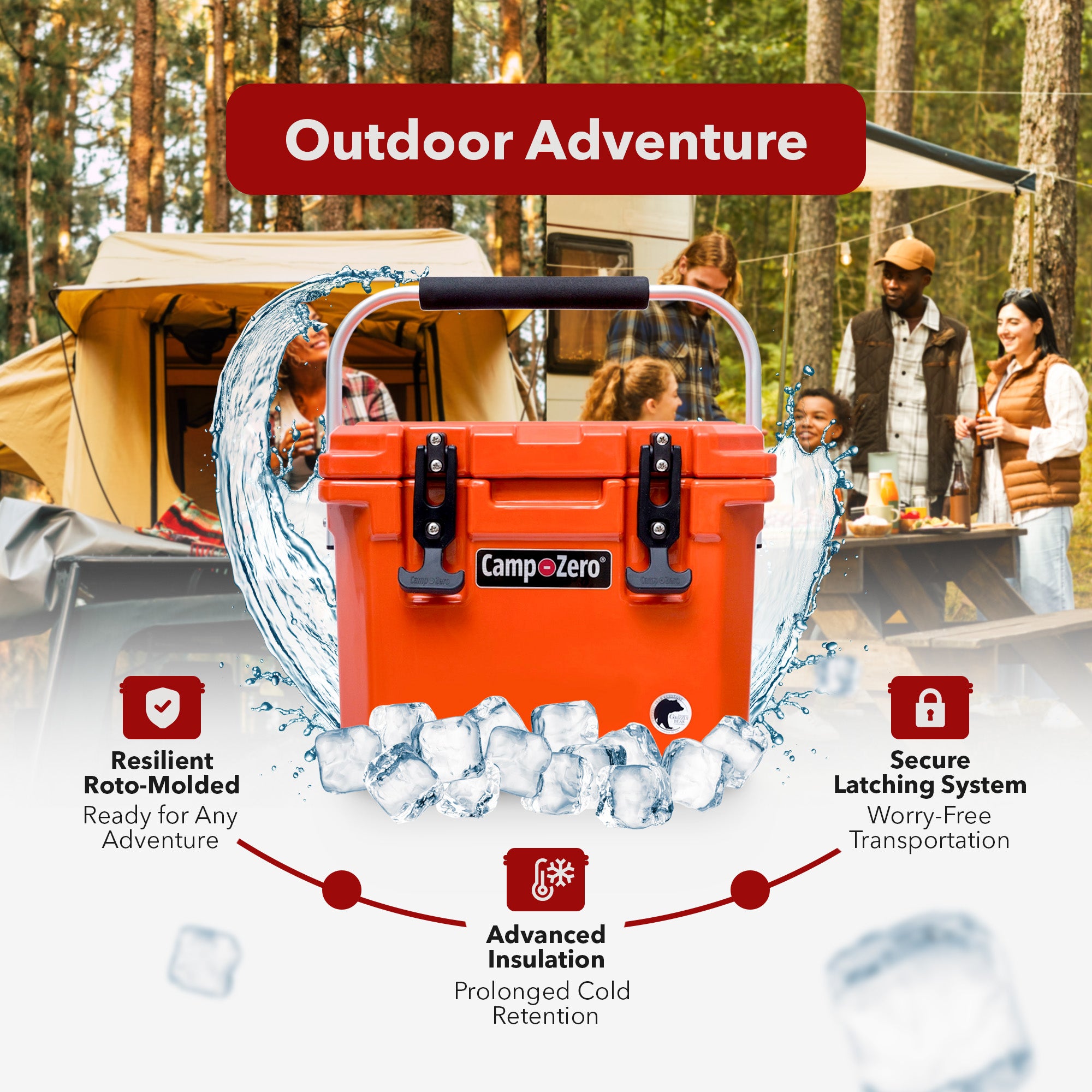 CAMP-ZERO 10 Liter 10.6 Quart Lidded Cooler with 2 Molded In Cup Holders, Orange - VMInnovations