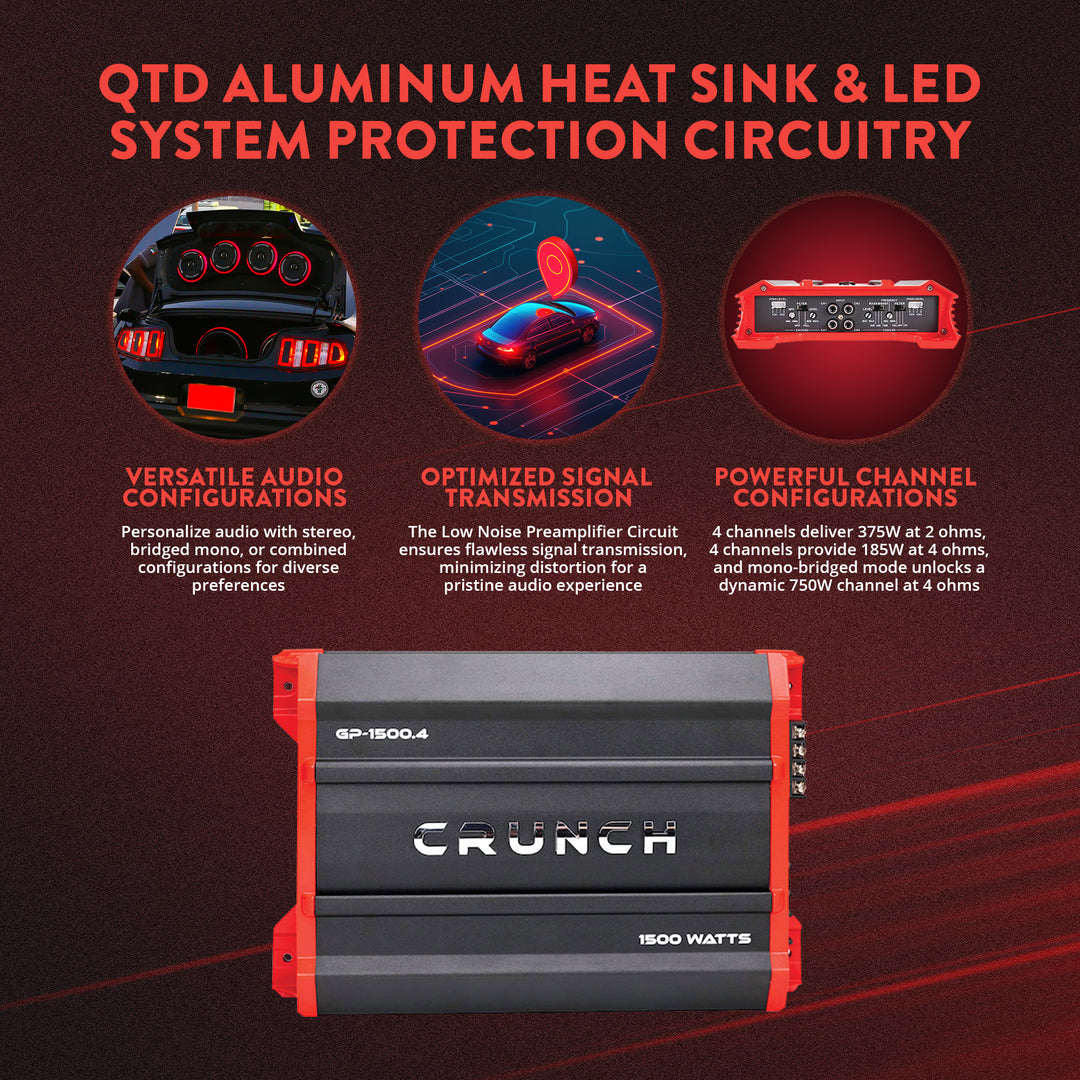 Crunch 1,500 Watt Adjustable 12dB Ground Pounder Car Amplifier, GP-1500.4, Black