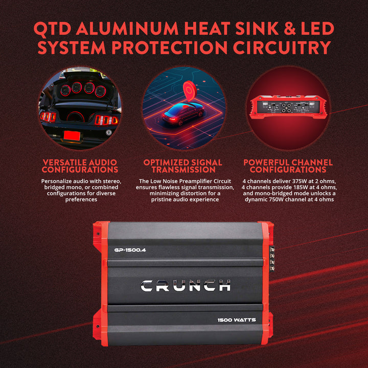 Crunch 1,500 Watt Adjustable 12dB Ground Pounder Car Amplifier, GP-1500.4, Black