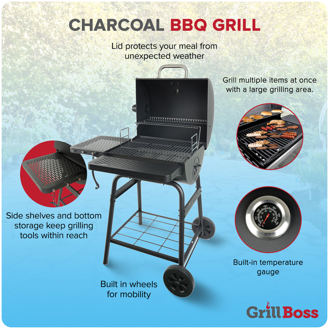 Grill Boss 23" Charcoal Barrel Grill, Adjustable Grate Large Cooking Area, Black