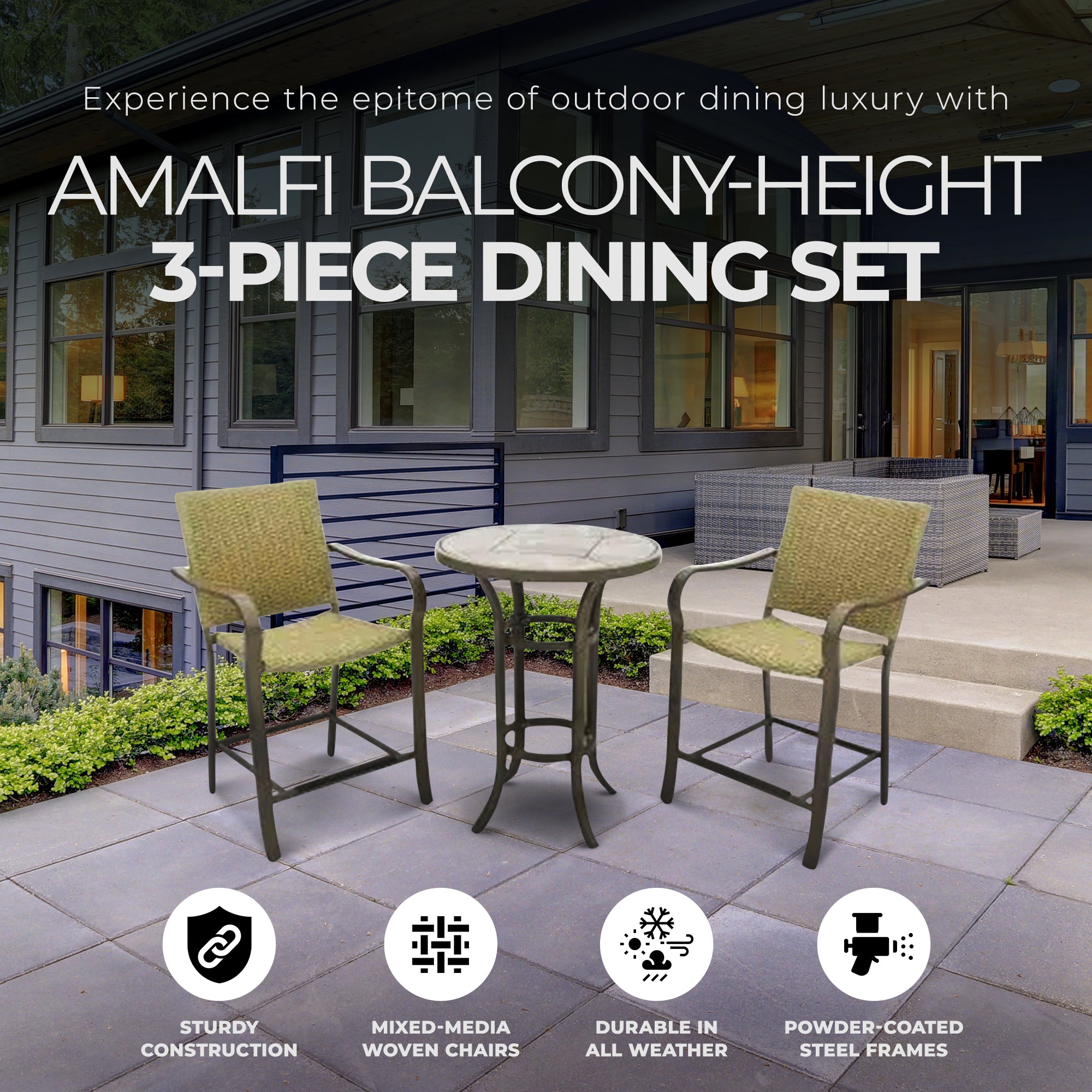 Four Seasons Courtyard Amalfi 3 Piece Balcony Height Outdoor Dining Set, Beige - VMInnovations