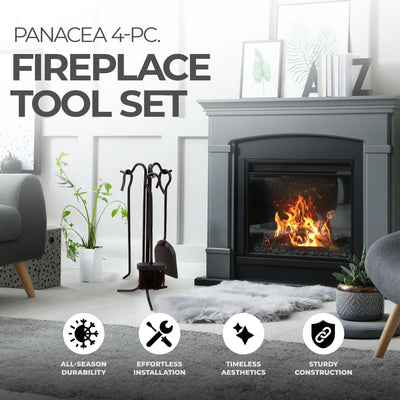 Panacea 4pc Fireplace Tool Set with Brush, Shovel, Poker, and Stand, Black(Used)