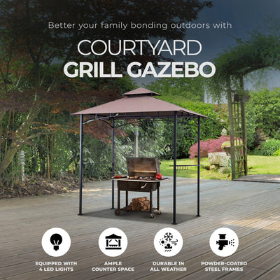 Four Seasons Courtyard Grill Gazebo w/ LED Lights and Powder Coated Frame, Brown - VMInnovations