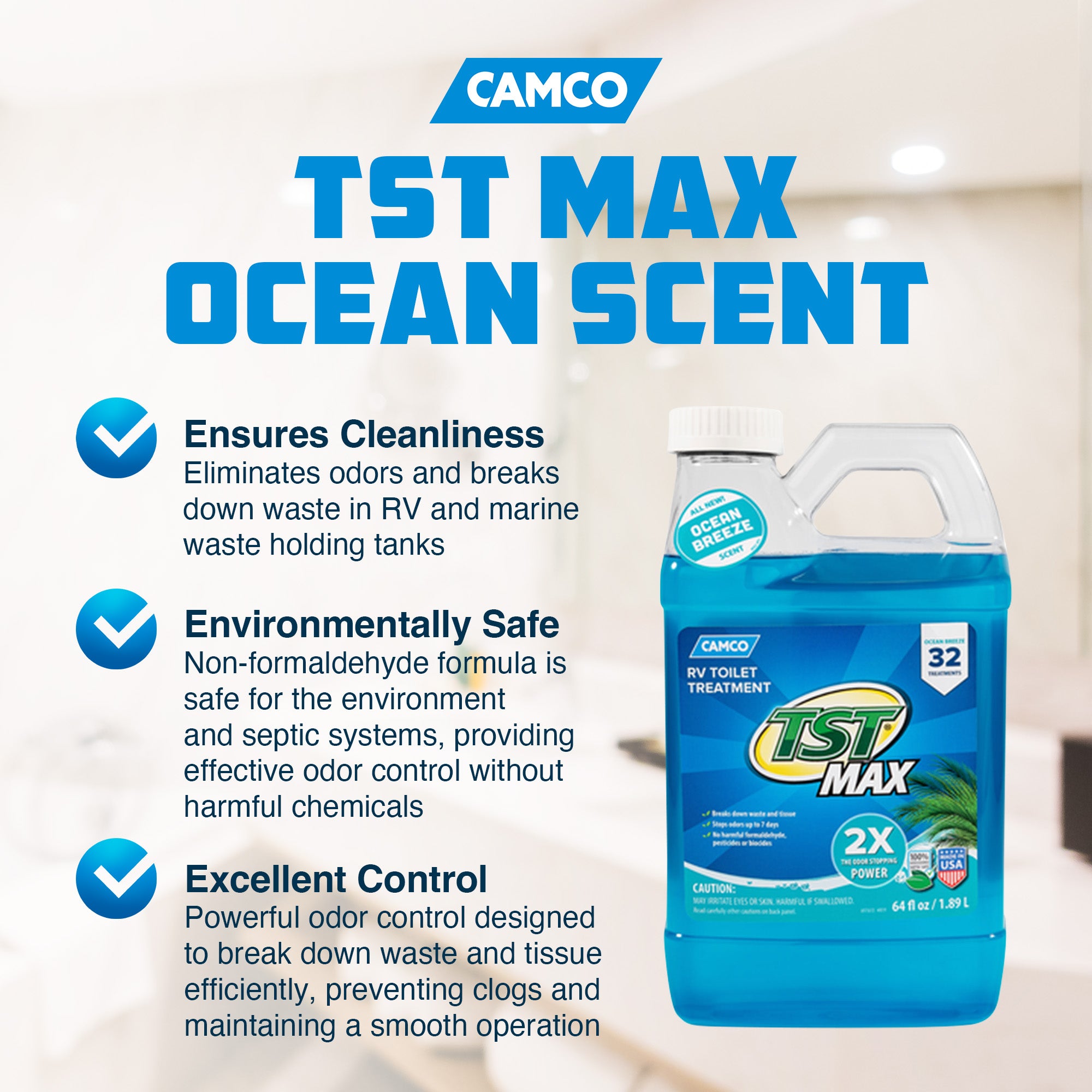 Camco TST MAX Ocean Scent 64 Oz RV Toilet Treatment to Eliminate Odors, Blue