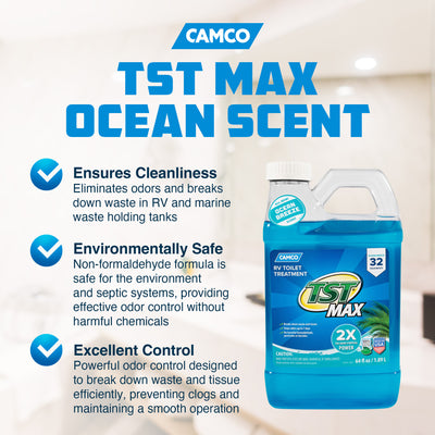 Camco TST MAX Ocean Scent 64 Oz RV Toilet Treatment to Eliminate Odors, Blue
