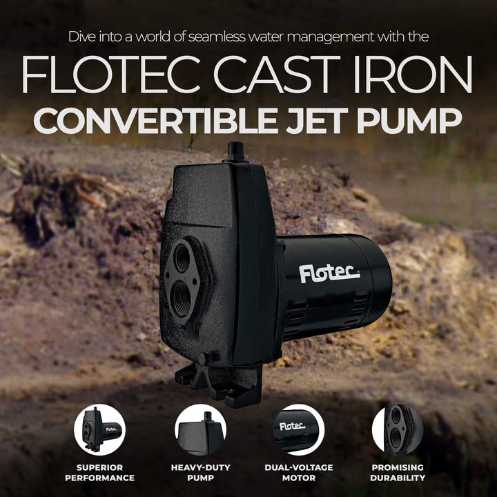 Flotec 1/2 HP Cast Iron Convertible Jet Pump Tackles Water Depths of Up To 100'