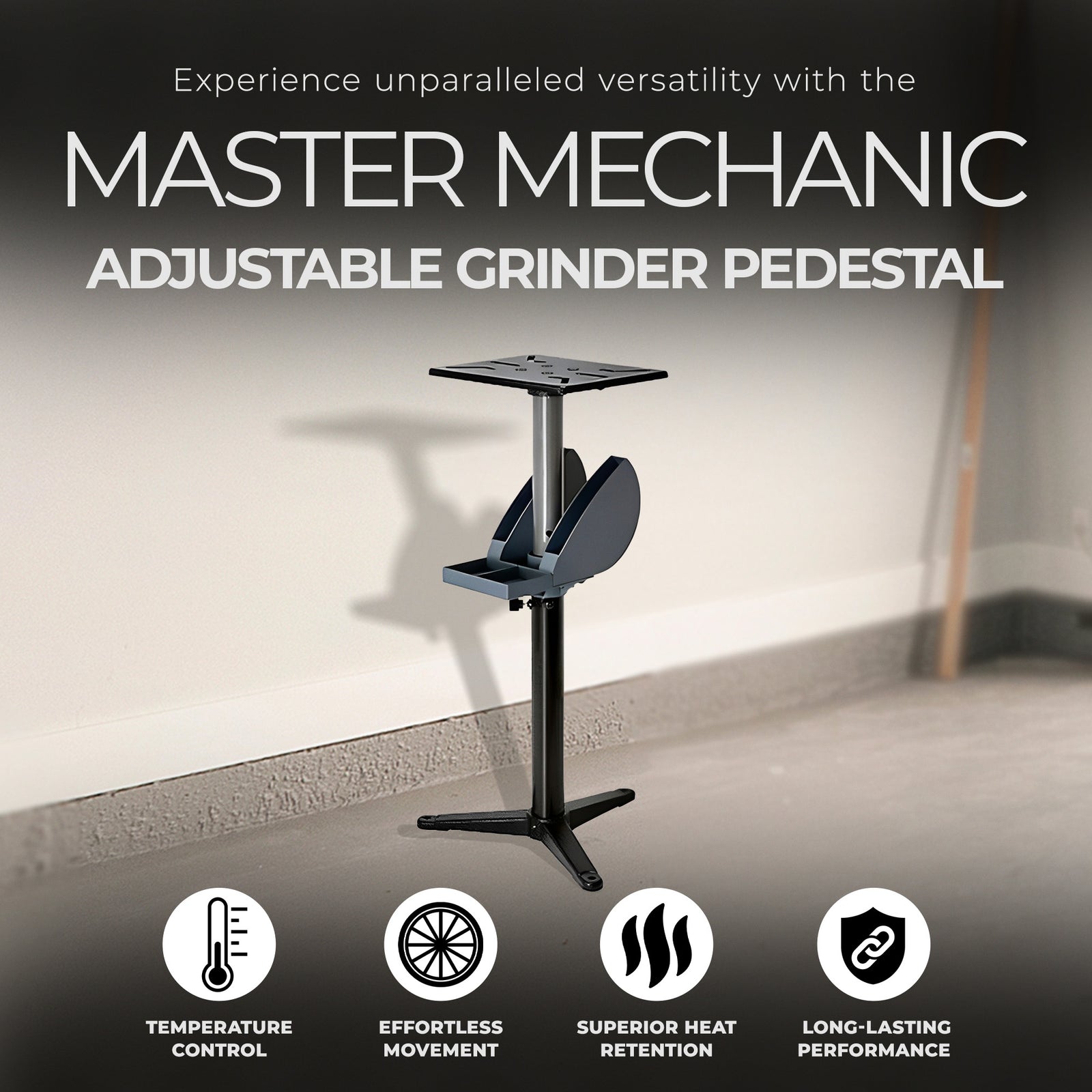 Master Mechanic Adjustable Grinder Pedestal with Tool Holder and Cast Iron Base - VMInnovations