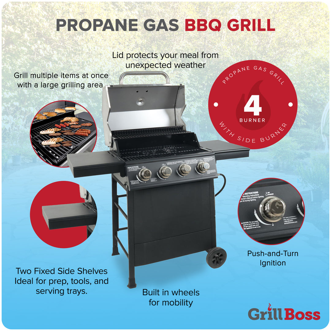 Grill Boss 4-Burner Outdoor Propane Gas Grill with Side Burner and Wheels, Black