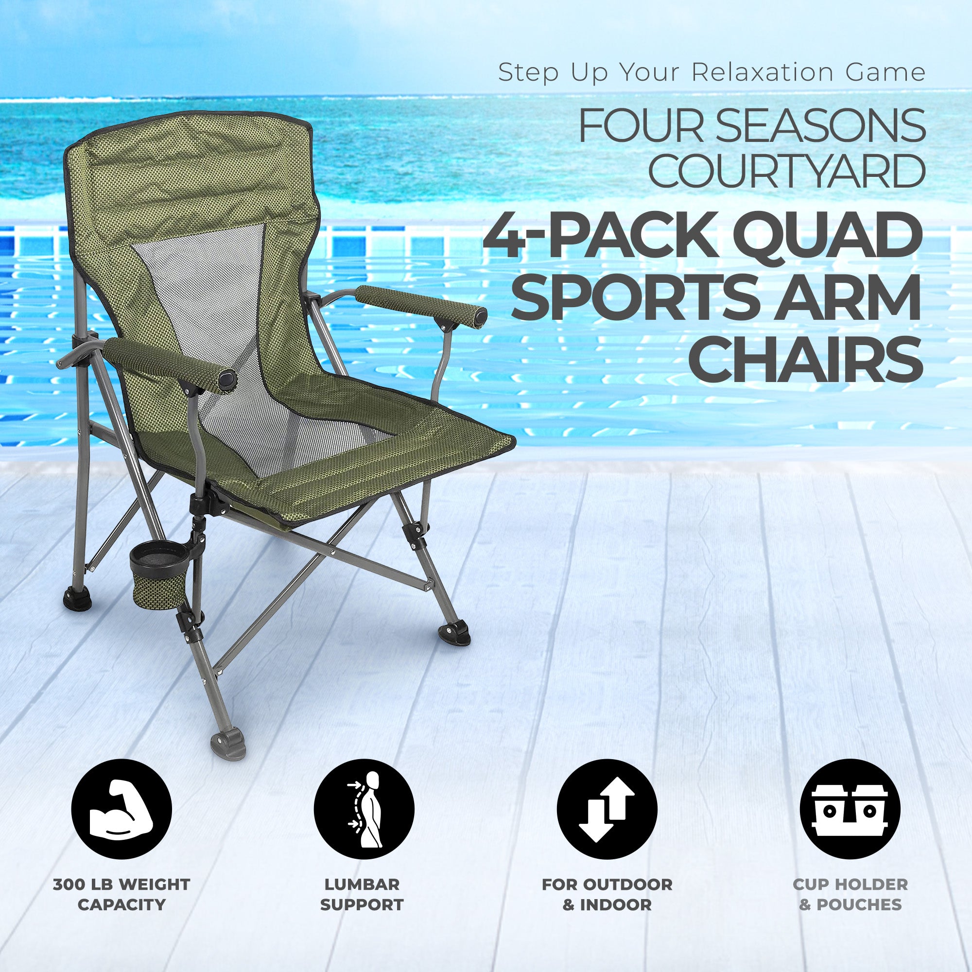Four Seasons Courtyard Arm Chair with Lumbar Support, Green (4 Pack) (Open Box) - VMInnovations