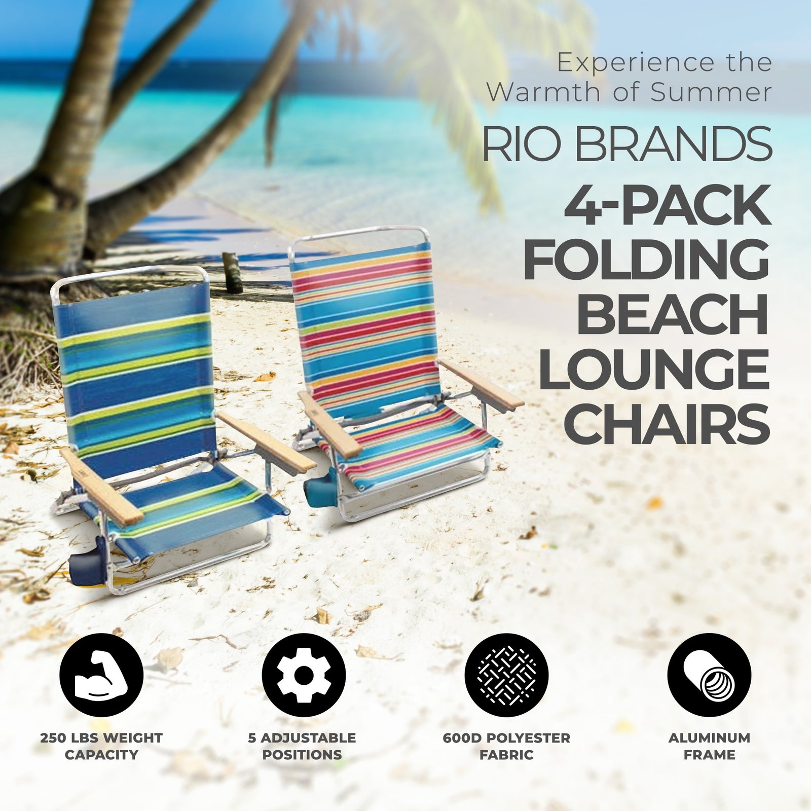 RIO Brands 5 Position Polyester Folding Beach Lounge Chair (4pk) (Used) - VMInnovations