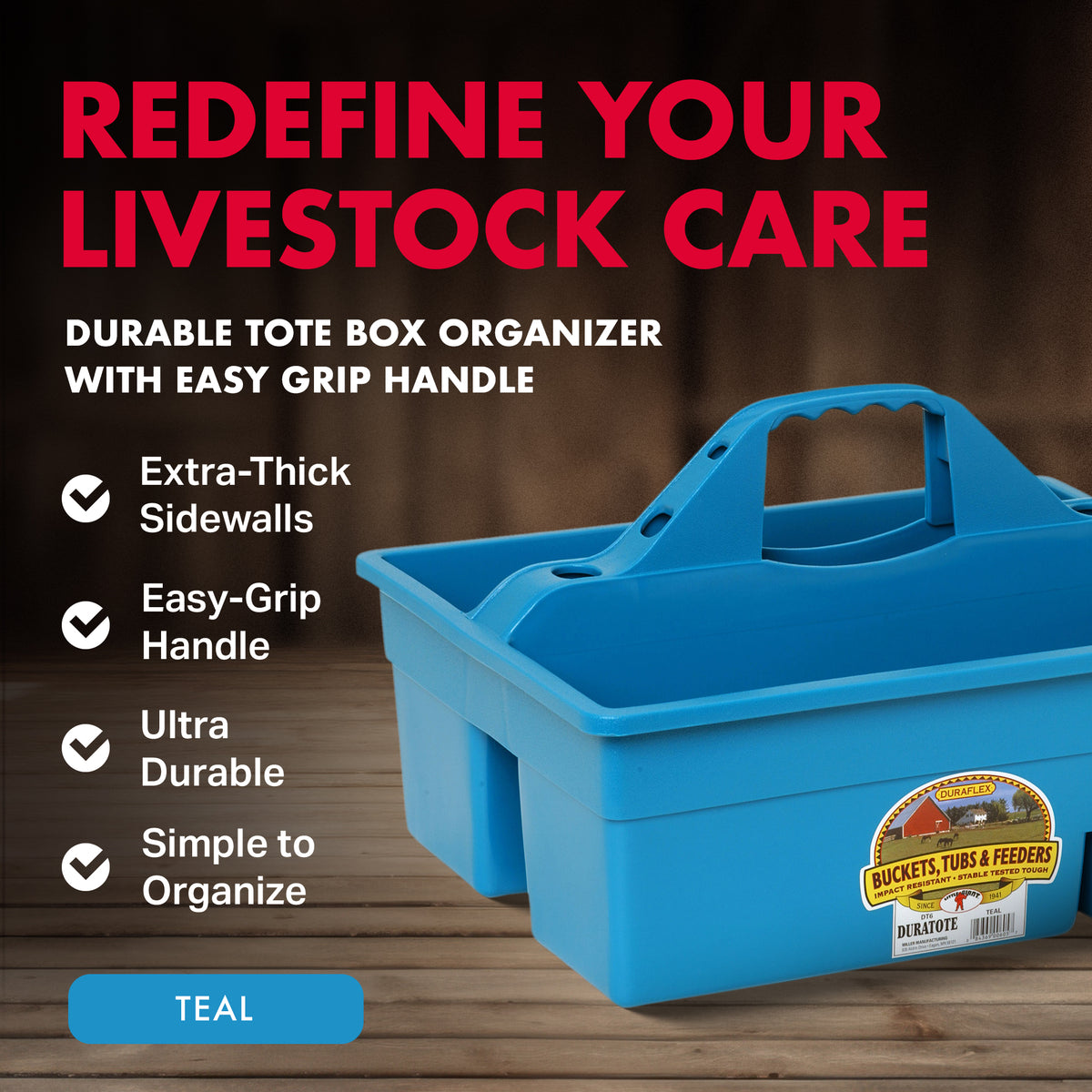 Little Giant DuraTote Plastic Box Organizer w/2 Compartments & Grip Handle, Teal - VMInnovations