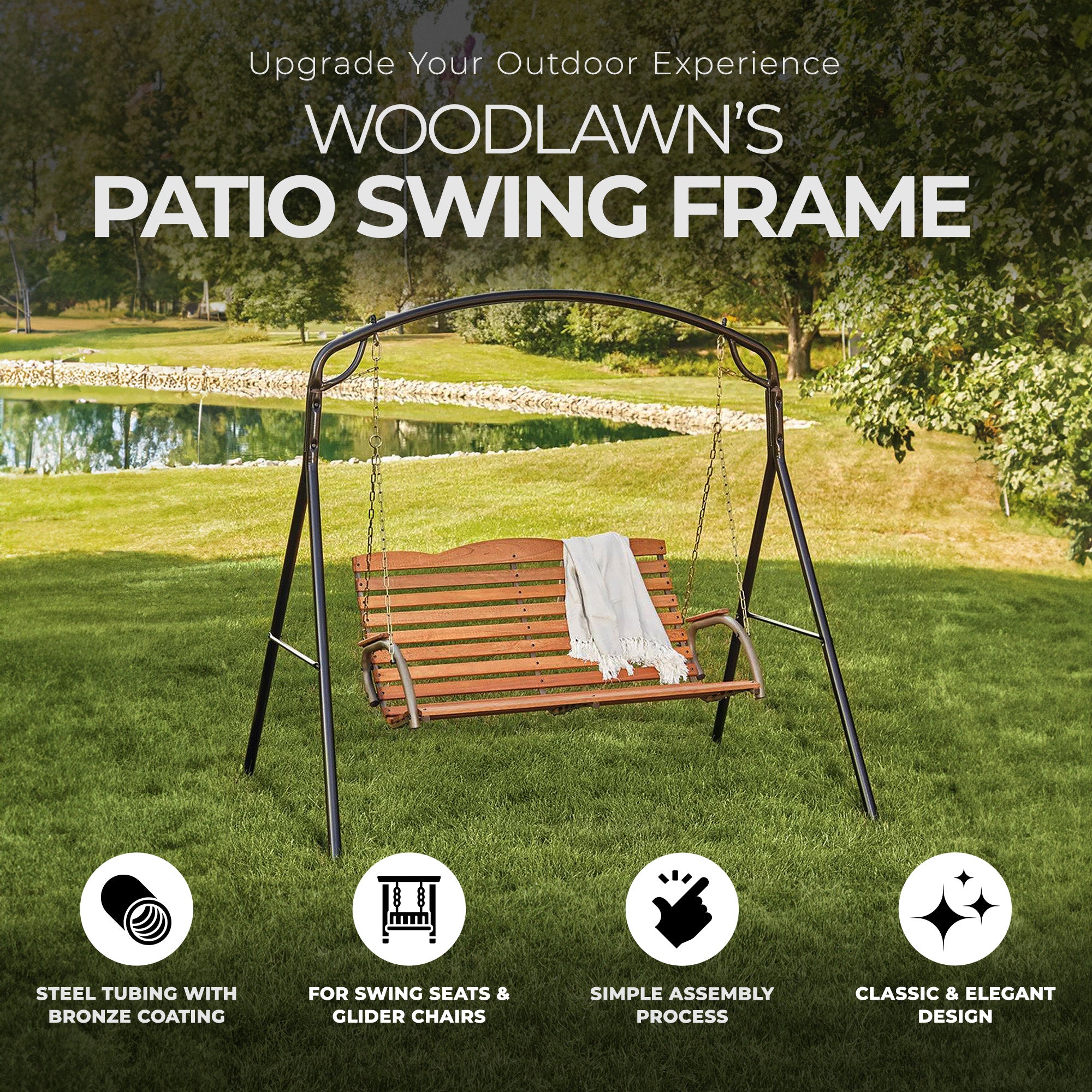 Woodlawn Patio Swing Frame with Steel Tubing and Powder Coated Finish, Bronze - VMInnovations