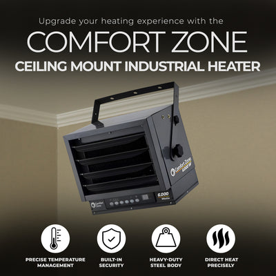 Comfort Zone Ceiling Mount Industrial Heater with 2 Settings and Thermostat
