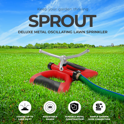 Sprout Deluxe Metal Oscillating Lawn Sprinkler, 3,600 Sq. Ft. Coverage, Red - VMInnovations