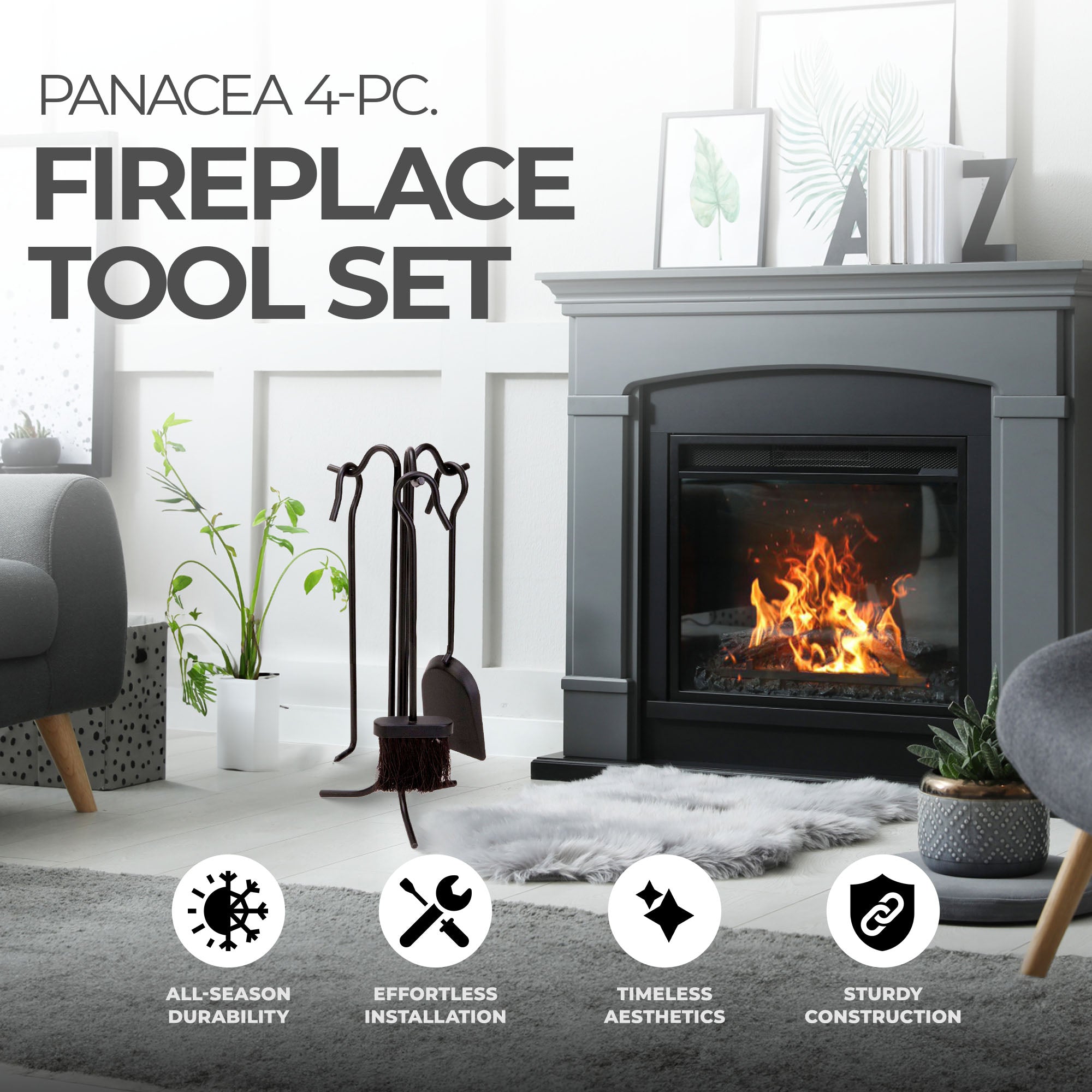 Panacea 4 Piece Fireplace Tool Set with Brush, Shovel, Poker, and Stand, Black - VMInnovations