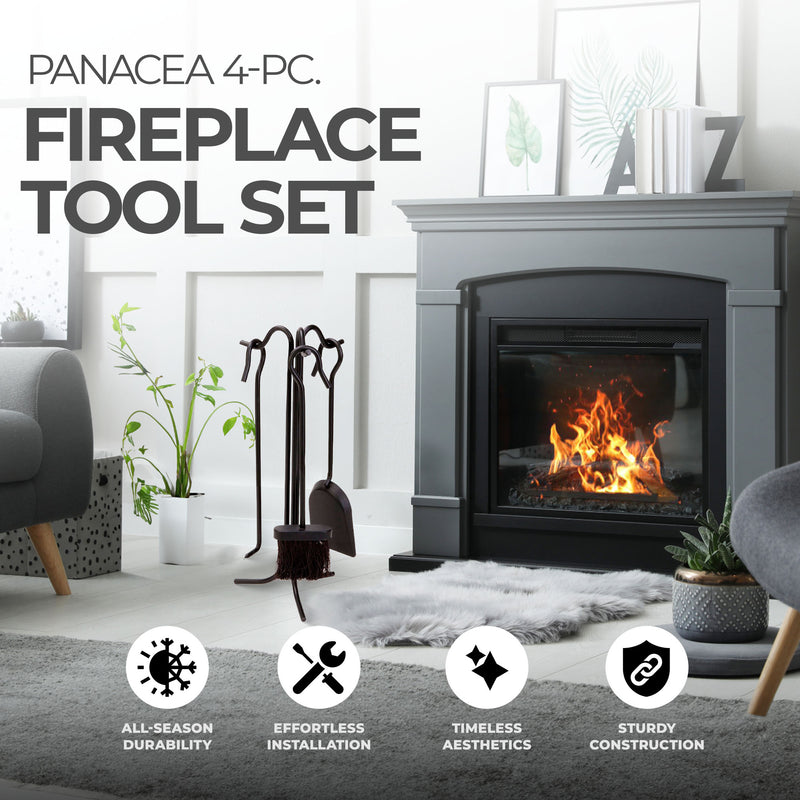 Panacea 4pc Fireplace Tool Set w/Brush, Shovel, Poker, & Stand, Black (Open Box)