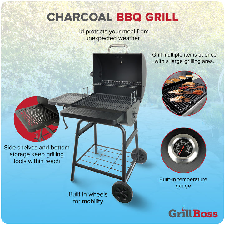 Grill Boss 23" Charcoal Barrel Grill, Adjustable Grate Large Cooking Area, Black