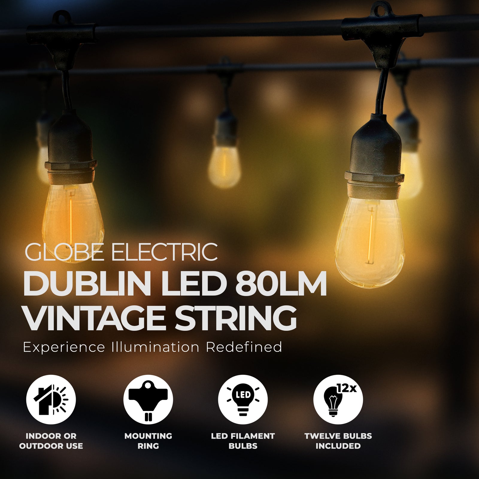 Globe 24 Feet 80 Lumens Dublin LED Vintage String 12 Bulb Light Set w/12 Sockets - VMInnovations