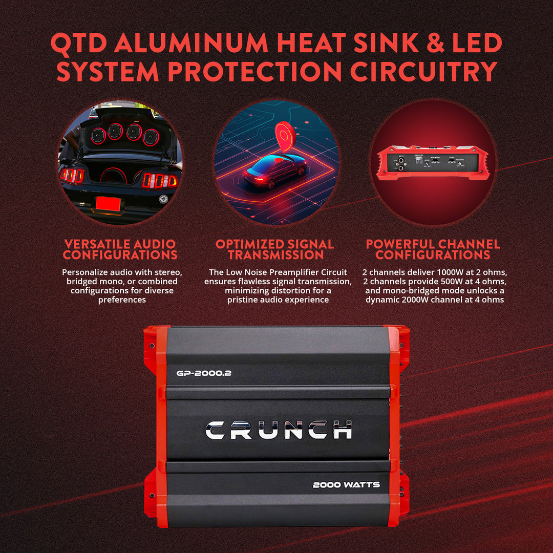 Crunch 2,000 Watt Adjustable 12dB Ground Pounder Car Amplifier, GP-2000.2, Black - VMInnovations