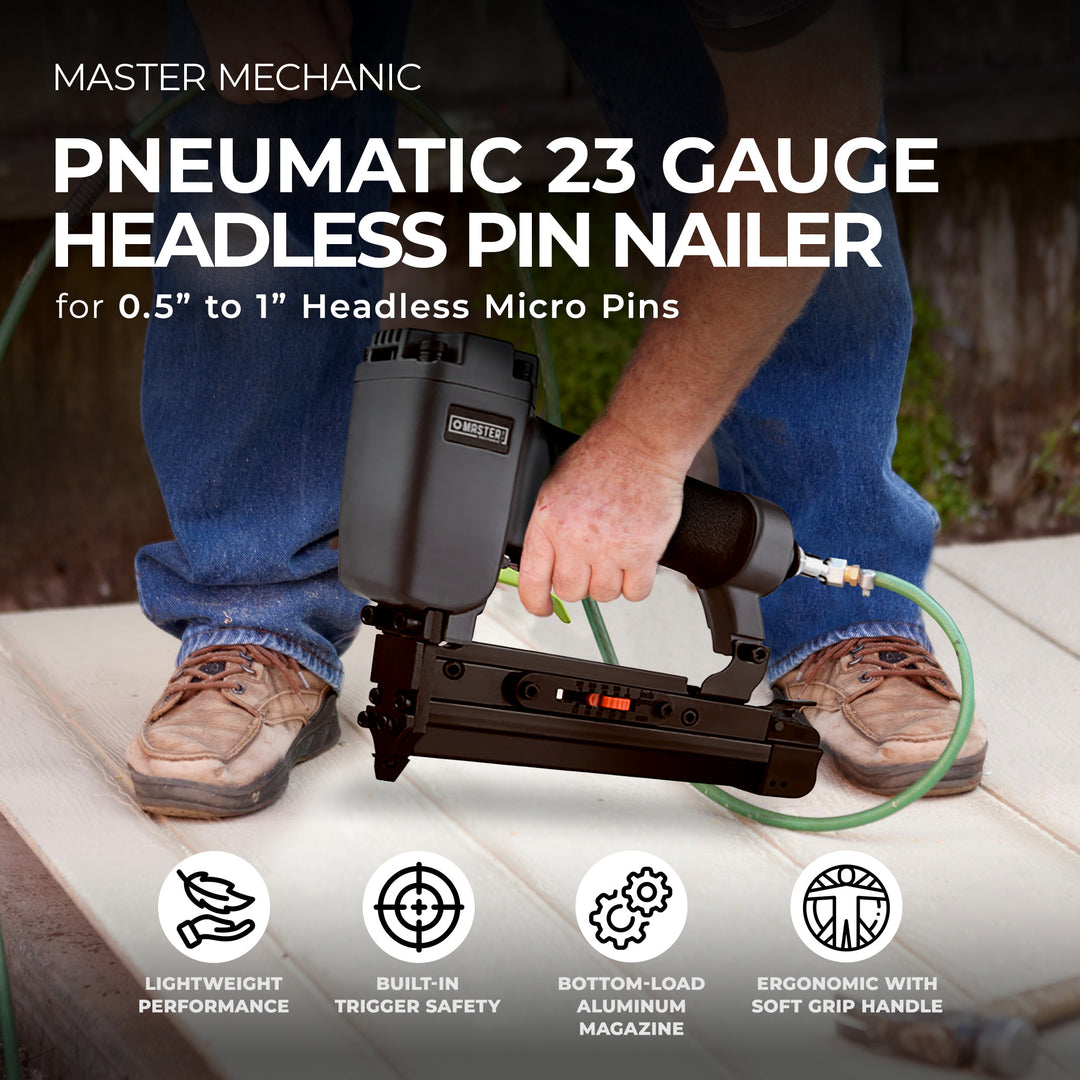 Master Mechanic Headless Micro Pin Nailer, Pneumatic 23 Gauge Hand Tool Set - VMInnovations