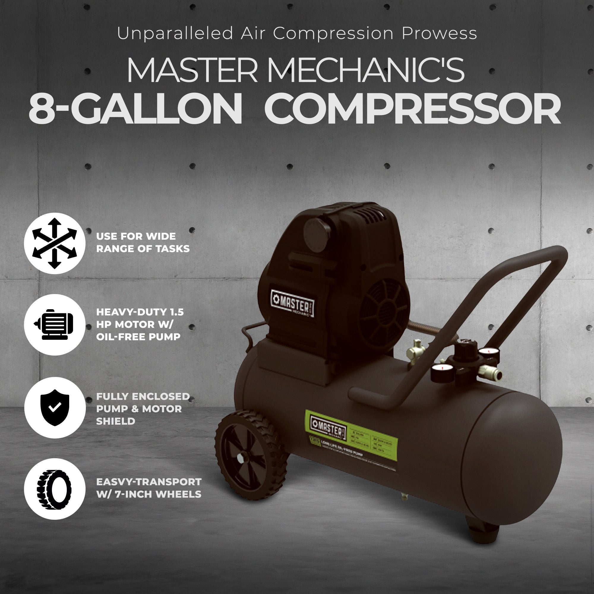 Master Mechanic 8 Gallon Portable Oil Free Air Compressor with Enclosed Motor - VMInnovations