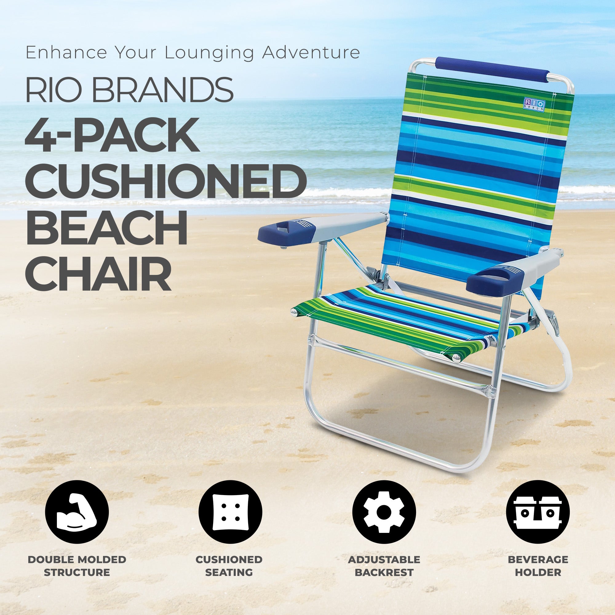 RIO Brands 15" Cushioned Beach Chair w/Aluminum Frame, Blue/Green (4pk) (Used) - VMInnovations