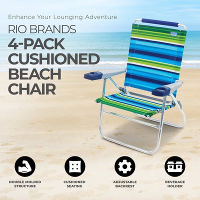 RIO Brands 15" Cushioned Beach Chair w/Aluminum Frame, Blue/Green (4pk) (Used) - VMInnovations