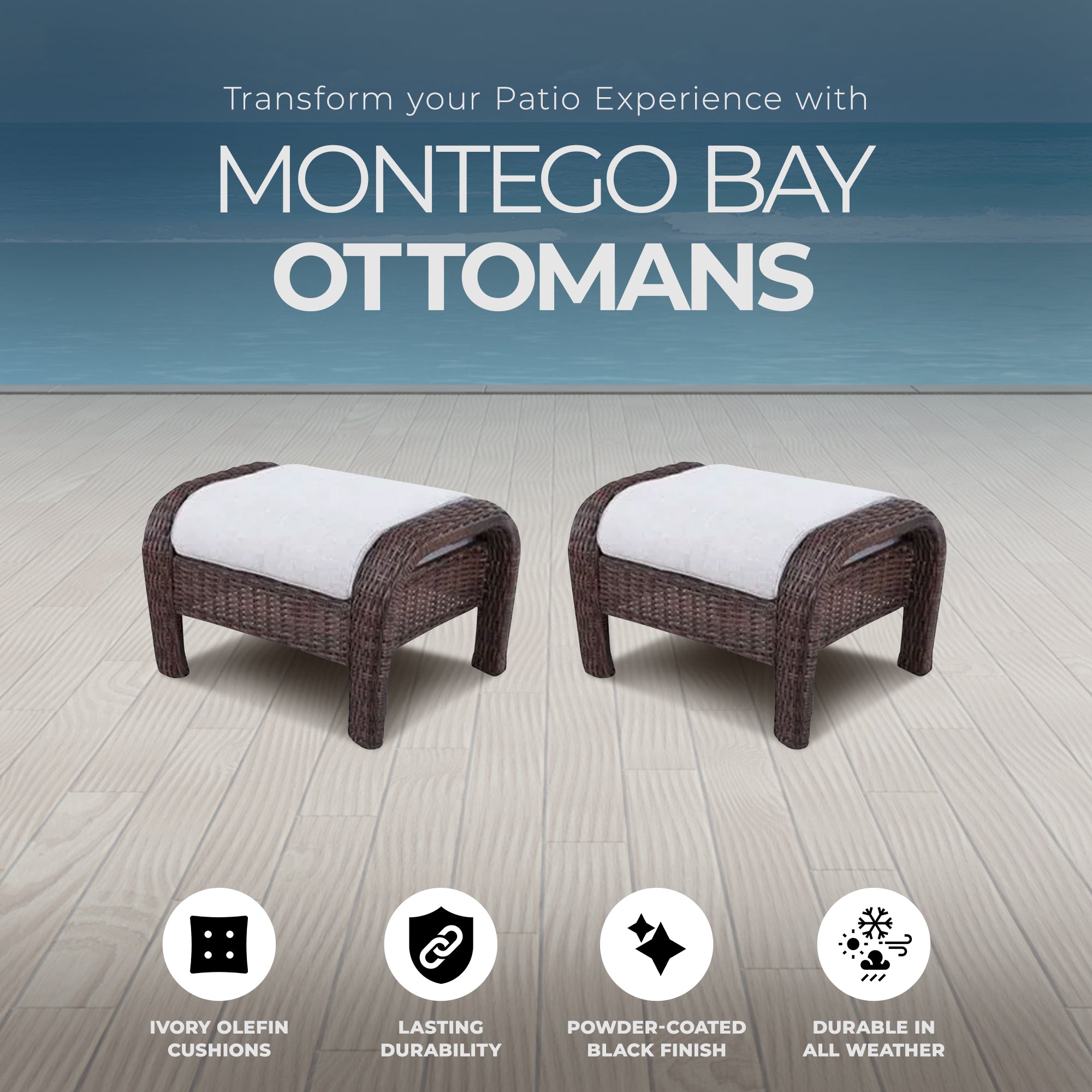 Four Seasons Courtyard Montego Set of 2 Ottomans w/Ivory Cushions (Open Box)