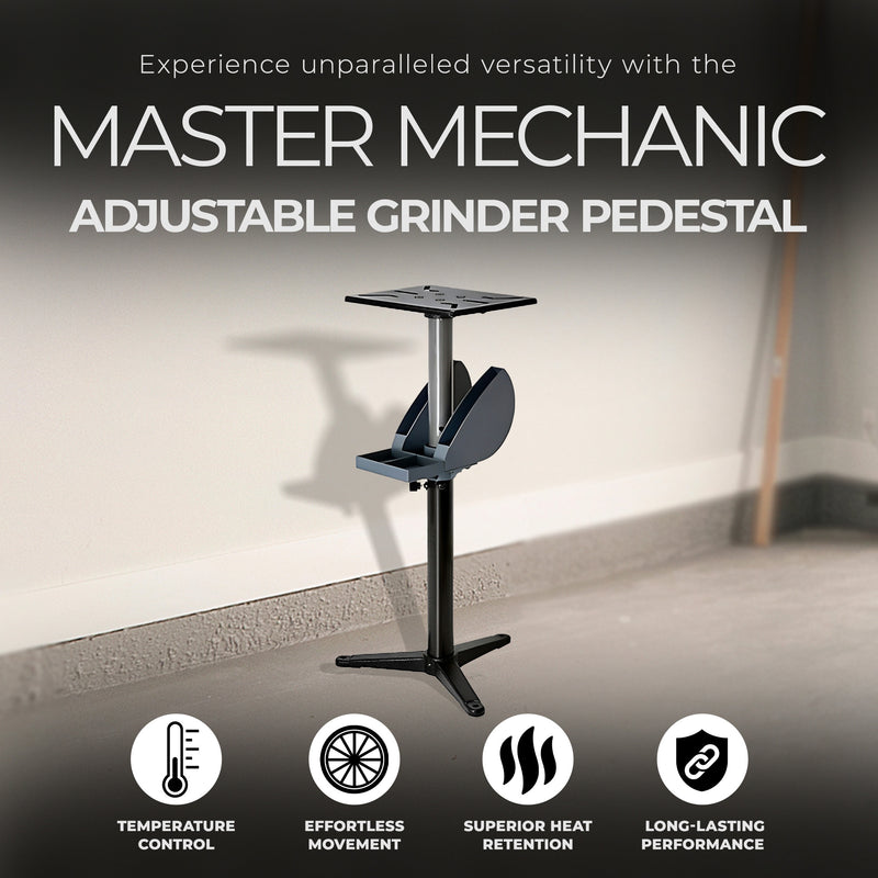 Master Mechanic Adjustable Grinder Pedestal with Tool Holder and Cast Iron Base