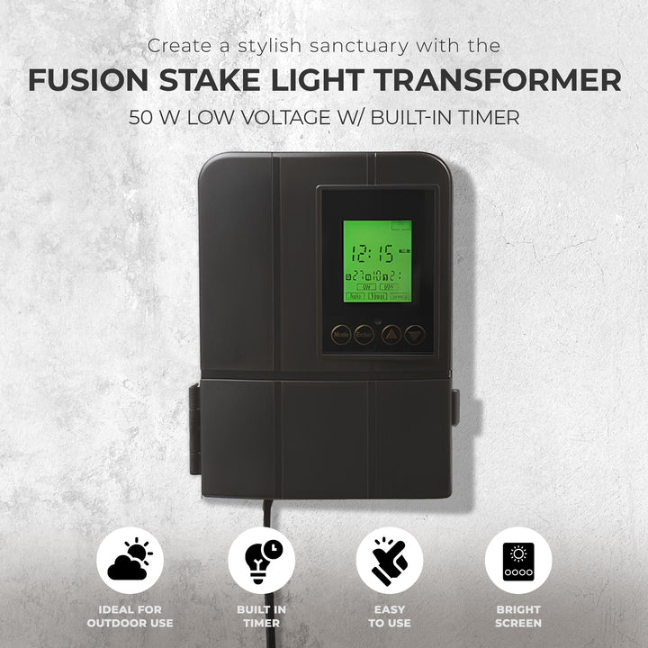 Fusion Low Voltage Outdoor LED Lighting Transformer with Timer, 50 Watt, Black - VMInnovations