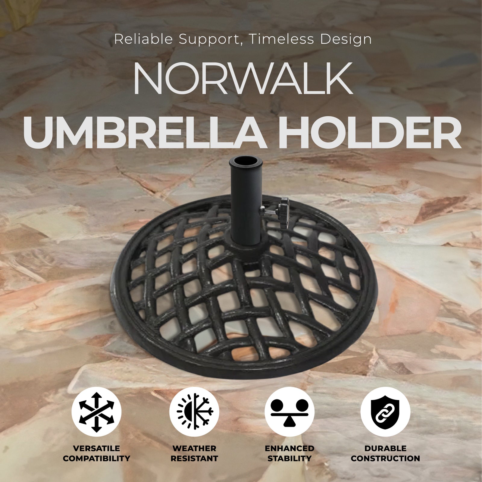 Four Seasons Courtyard Norwalk 19” Round Cast Iron Umbrella Holder Base, Black - VMInnovations